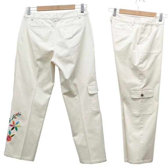 Sigrid Olsen Cream Pants Floral Embroidered Cropped Poet Pant Women’s Size 4 - Picture 4 of 15